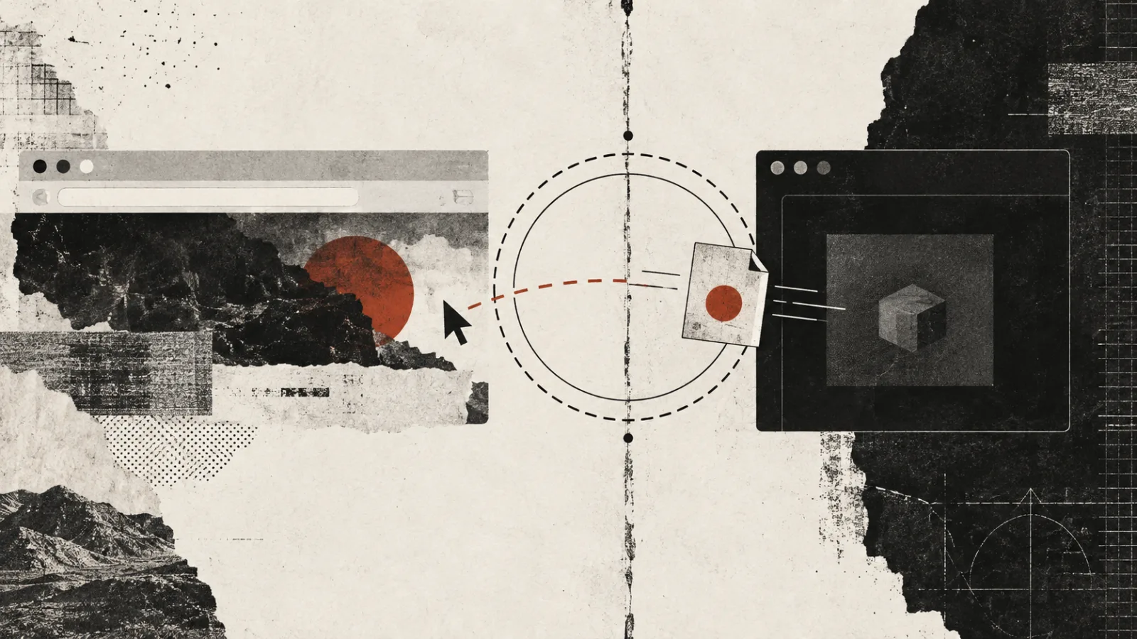 Abstract collage of a browser crossing a local trust boundary